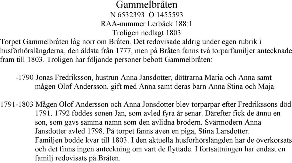 Troligen har följande personer bebott Gammelbråten: -1790 Jonas Fredriksson, hustrun Anna Jansdotter, döttrarna Maria och Anna samt mågen Olof Andersson, gift med Anna samt deras barn Anna Stina och