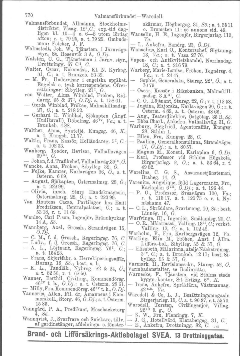 i Järnvägs- Wanselius, Karl O., Kontorschef, Sigtunag. styr., St. Rosenvik 3 A, O.Dj. 13, Va.; a. t. Vasa 2776. Walsten, C. G., Tjänsteman i Järnv. styr., Vapen- och Antikvitetshandel, Norrlandsg.