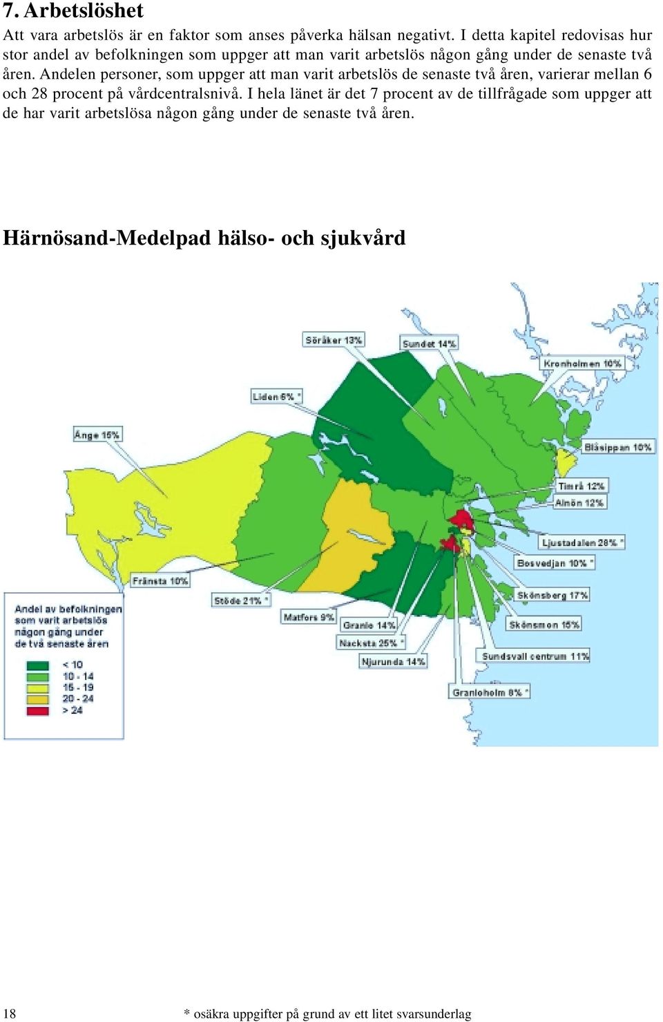 Andelen personer, som uppger att man varit arbetslös de senaste två åren, varierar mellan 6 och 28 procent på vårdcentralsnivå.