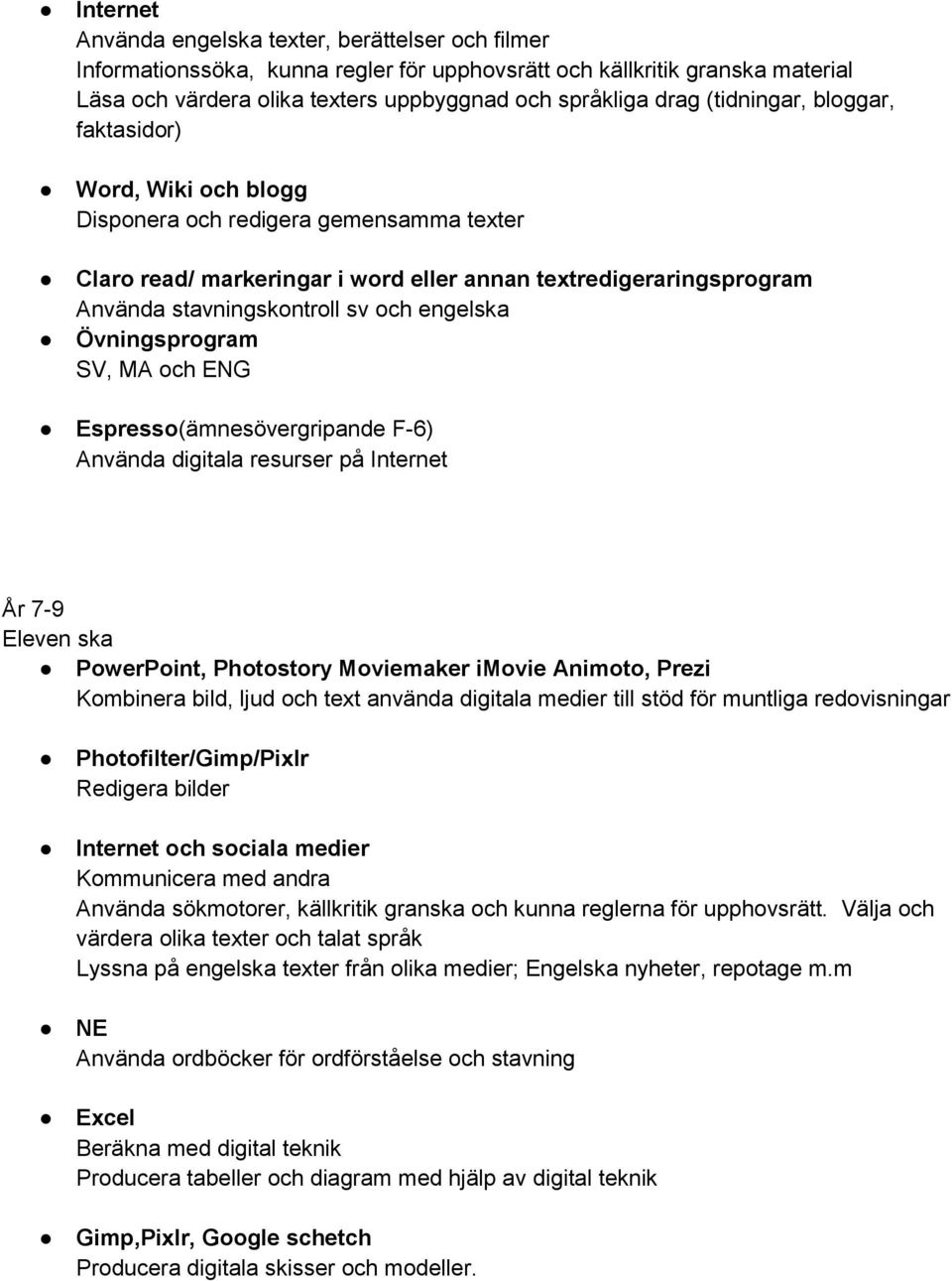 engelska Övningsprogram SV, MA och ENG Espresso(ämnesövergripande F-6) Använda digitala resurser på Internet År 7-9 Eleven ska PowerPoint, Photostory Moviemaker imovie Animoto, Prezi Kombinera bild,