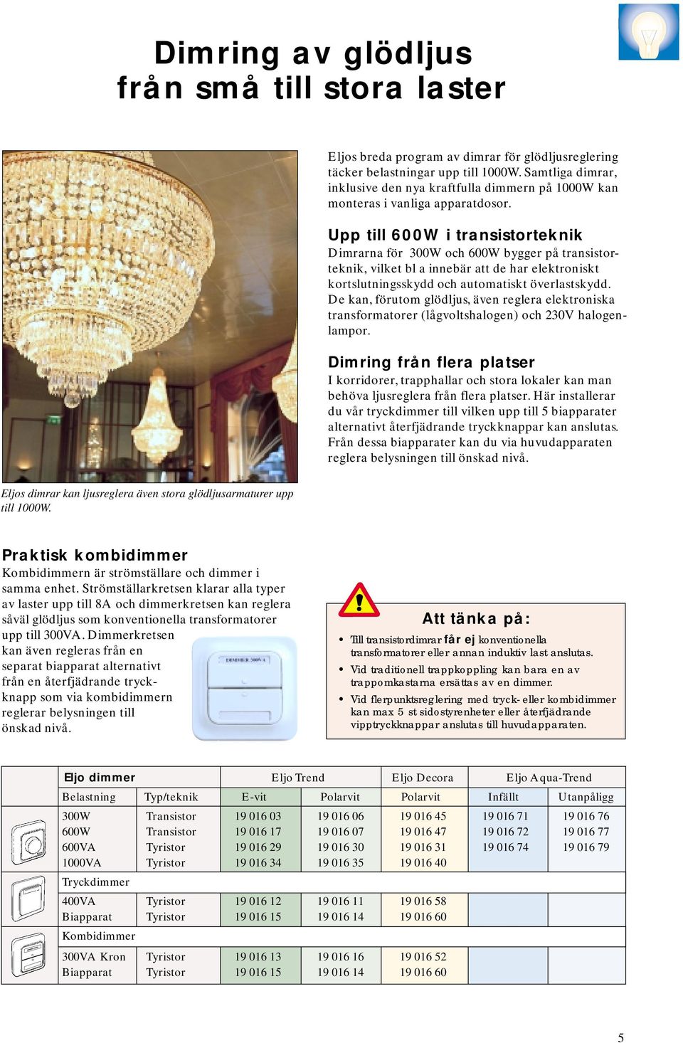 Upp till 600W i transistorteknik Dimrarna för 300W och 600W bygger på transistorteknik, vilket bl a innebär att de har elektroniskt kortslutningsskydd och automatiskt överlastskydd.