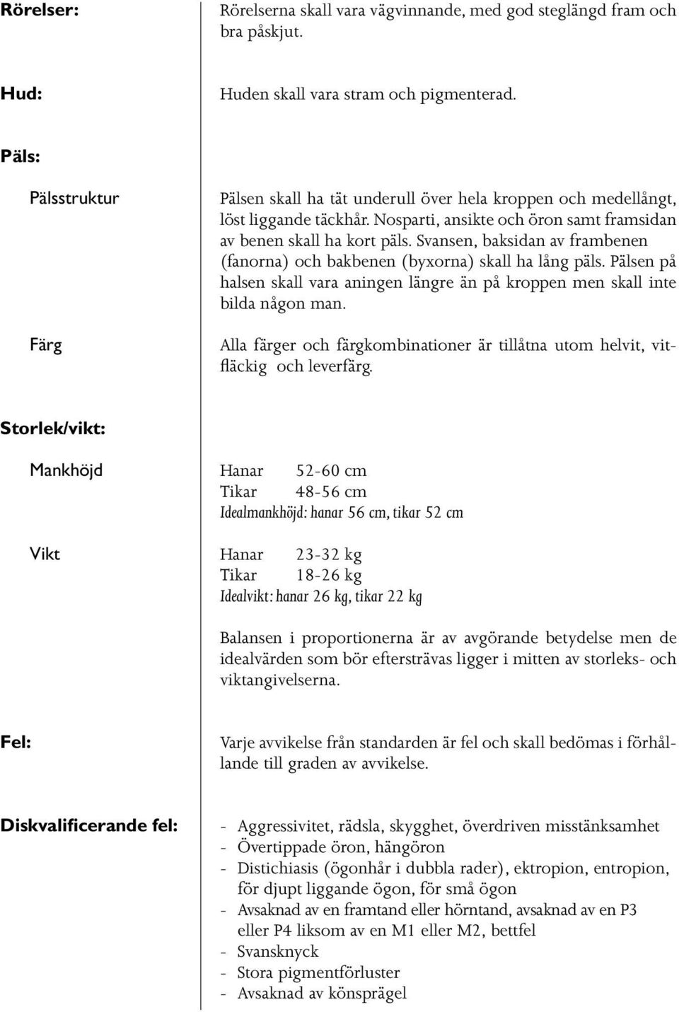 Svansen, baksidan av frambenen (fanorna) och bakbenen (byxorna) skall ha lång päls. Pälsen på halsen skall vara aningen längre än på kroppen men skall inte bilda någon man.