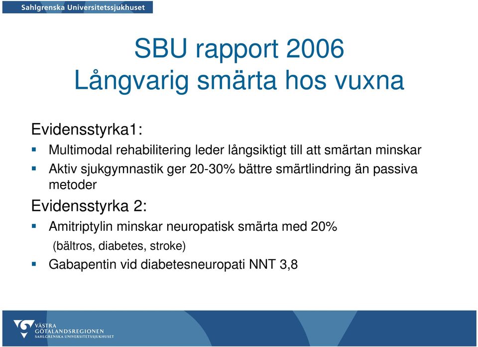 20-30% bättre smärtlindring än passiva metoder Evidensstyrka 2: Amitriptylin