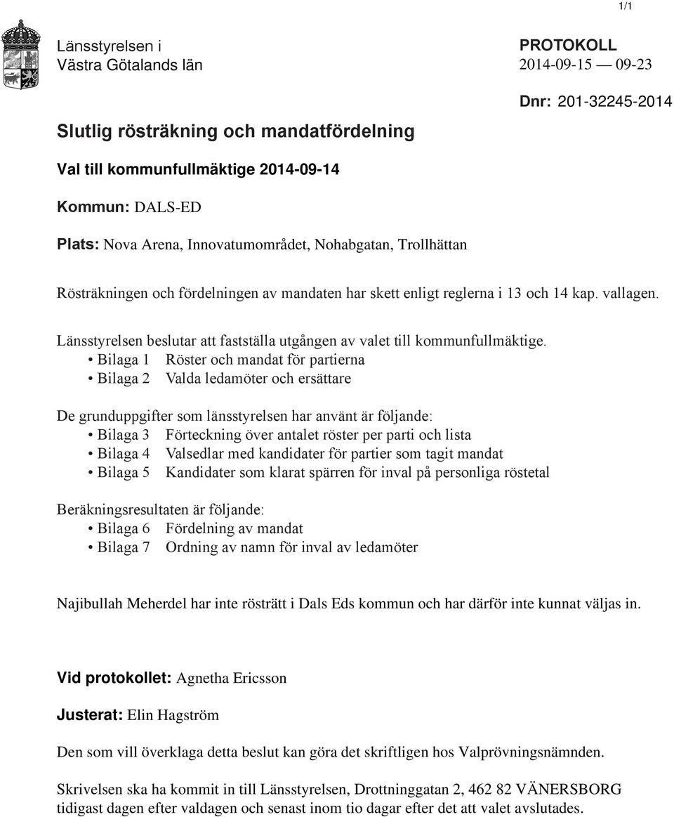 Bilaga 1 Röster och mandat för partierna Bilaga 2 Valda ledamöter och ersättare De grunduppgifter som länsstyrelsen har använt är följande: Bilaga 3 Förteckning över antalet röster per parti och