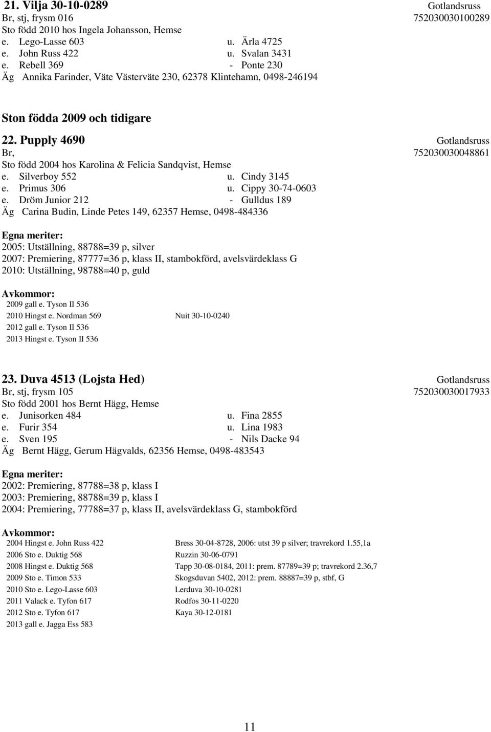 Pupply 4690 Gotlandsruss Br, 752030030048861 Sto född 2004 hos Karolina & Felicia Sandqvist, Hemse e. Silverboy 552 u. Cindy 3145 e. Primus 306 u. Cippy 30-74-0603 e.