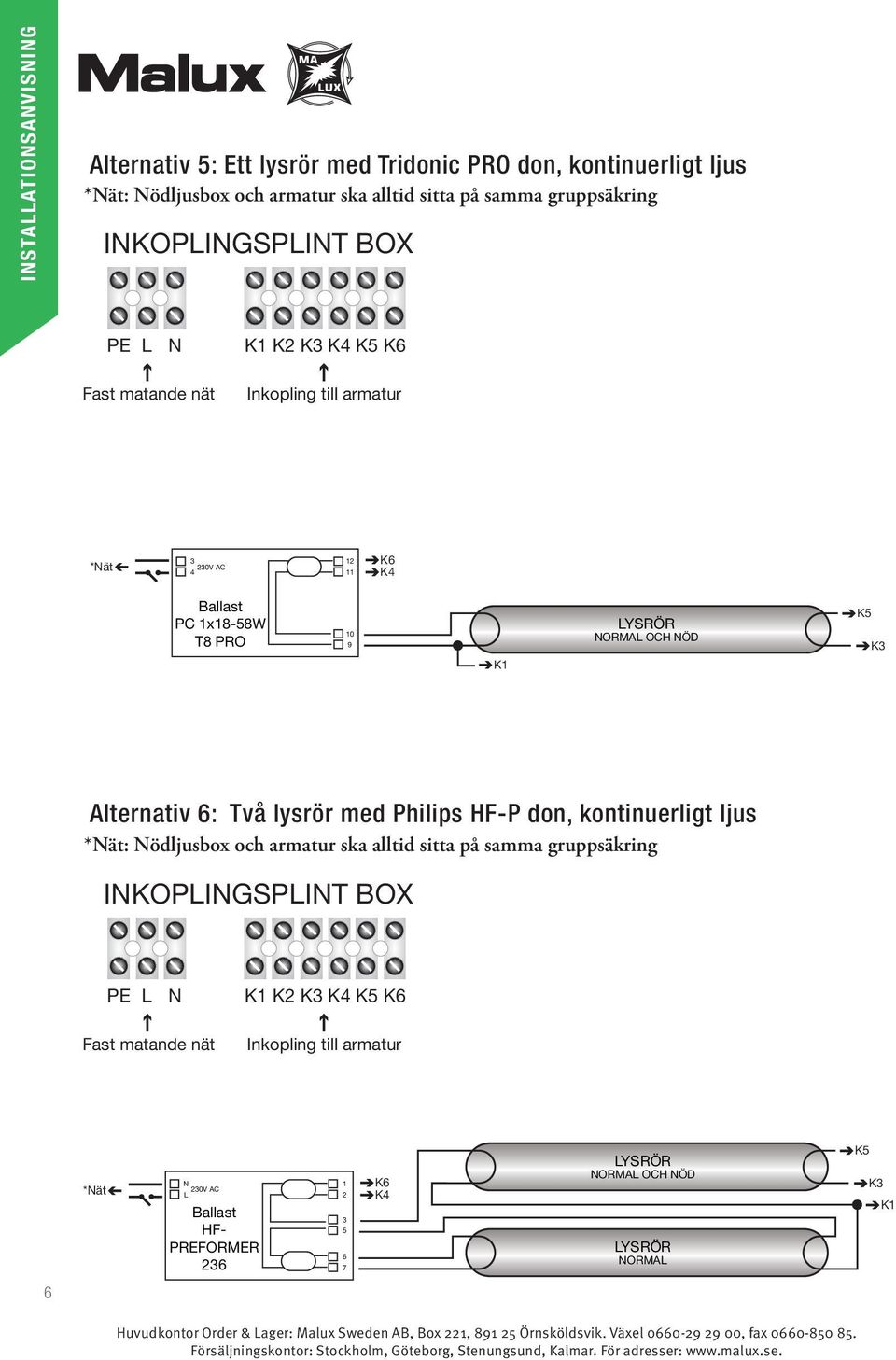 OCH ÖD Alternativ 6: Två lysrör med Philips HF-P don, kontinuerligt ljus *ät: ödljusbox och armatur ska alltid