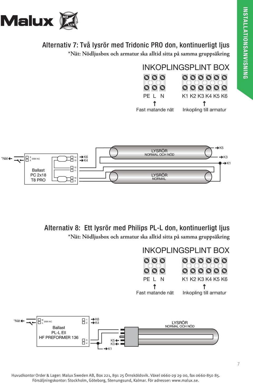 10 9 ORMAL Alternativ 8: Ett lysrör med Philips PL-L don, kontinuerligt ljus *ät: ödljusbox och armatur ska