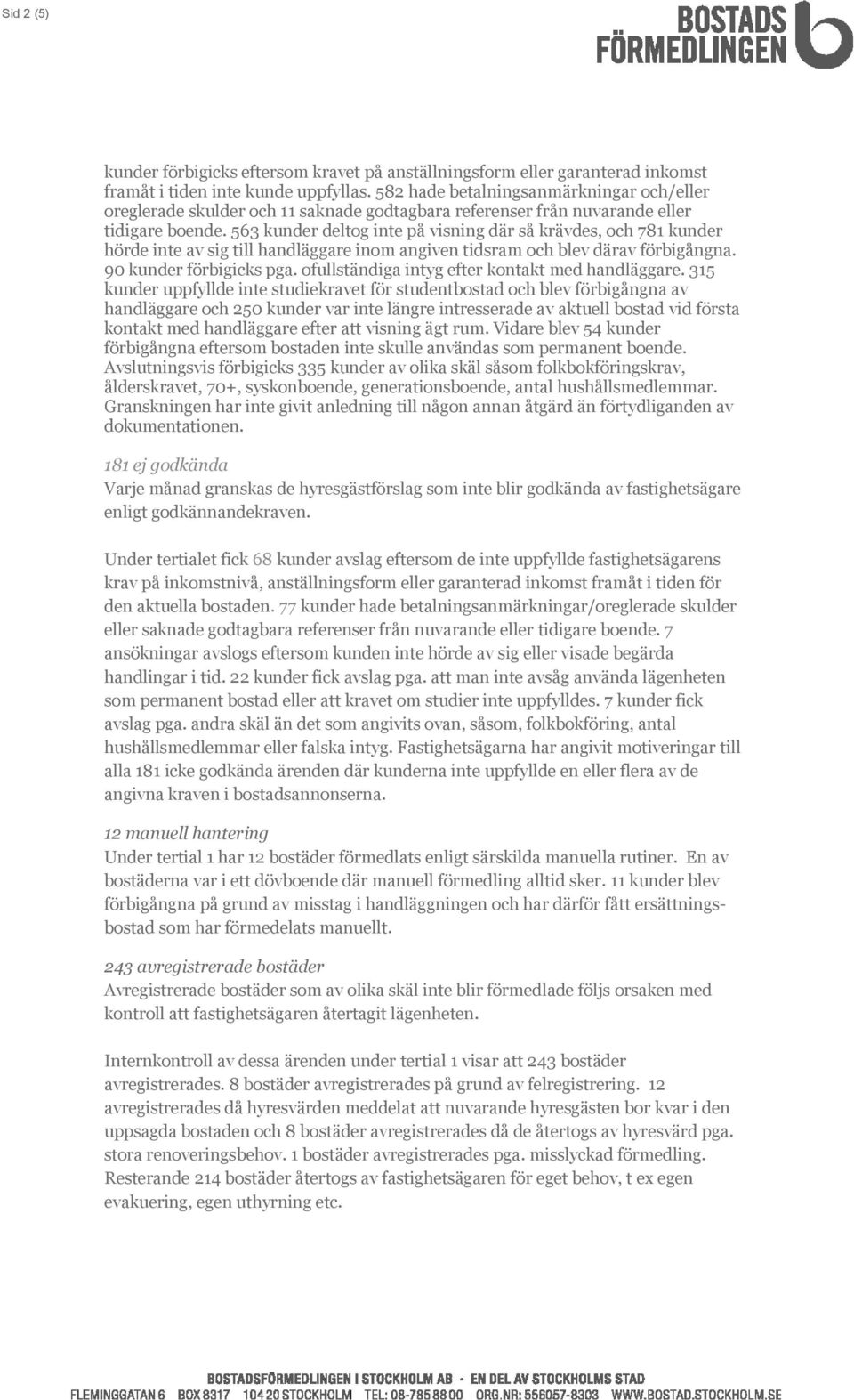 563 kunder deltog inte på visning där så krävdes, och 781 kunder hörde inte av sig till handläggare inom angiven tidsram och blev därav förbigångna. 90 kunder förbigicks pga.