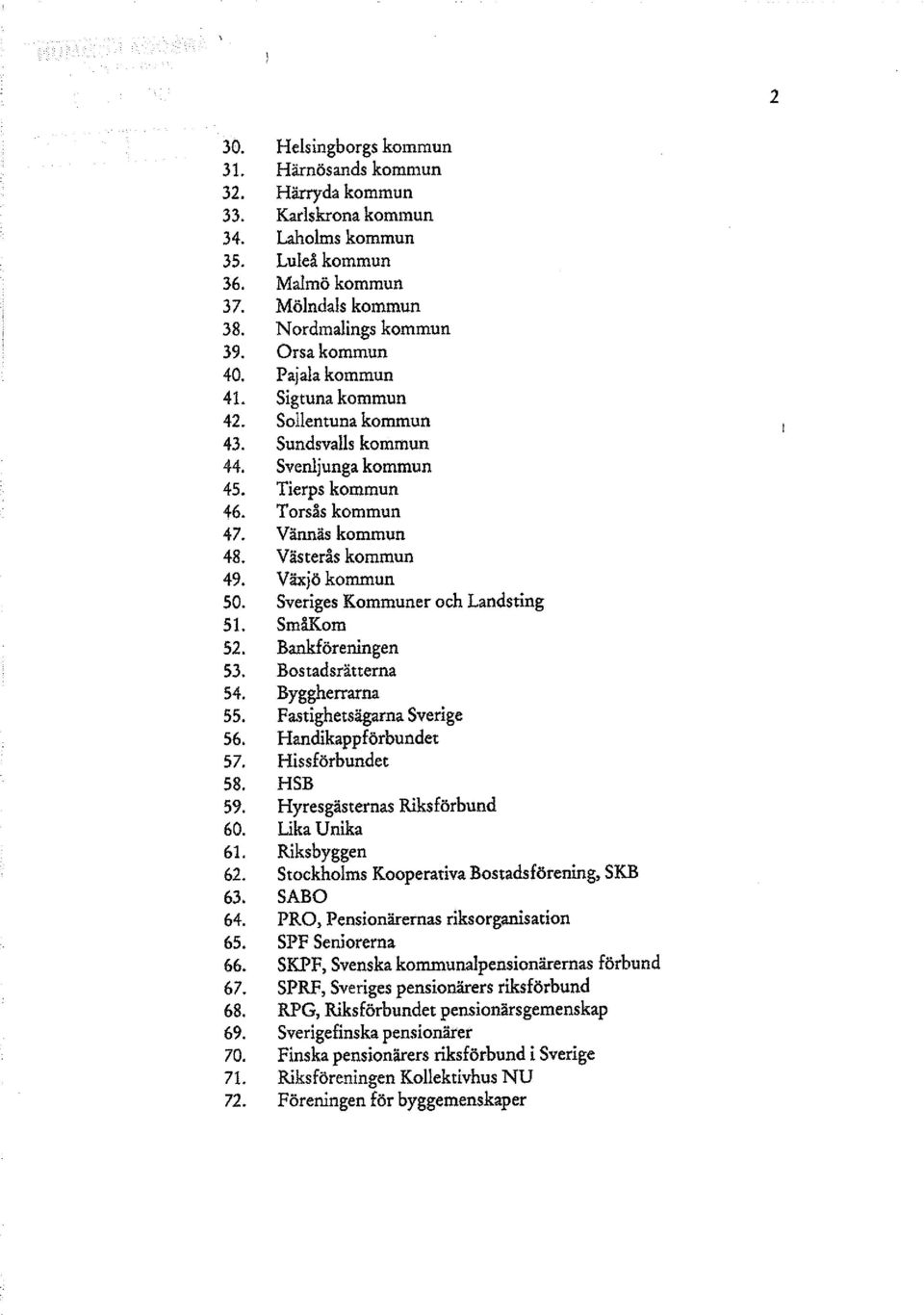 Växjö kommun 50. Sveriges Kommuner och Landsting 51. SmåKom 52. Bankföreningen 53. Bostadsrätterna 54. Byggherrarna 55. Fastighetsägarna Sverige 56. Handikappförbundet 57. Hissförbundet 58. HSB 59.