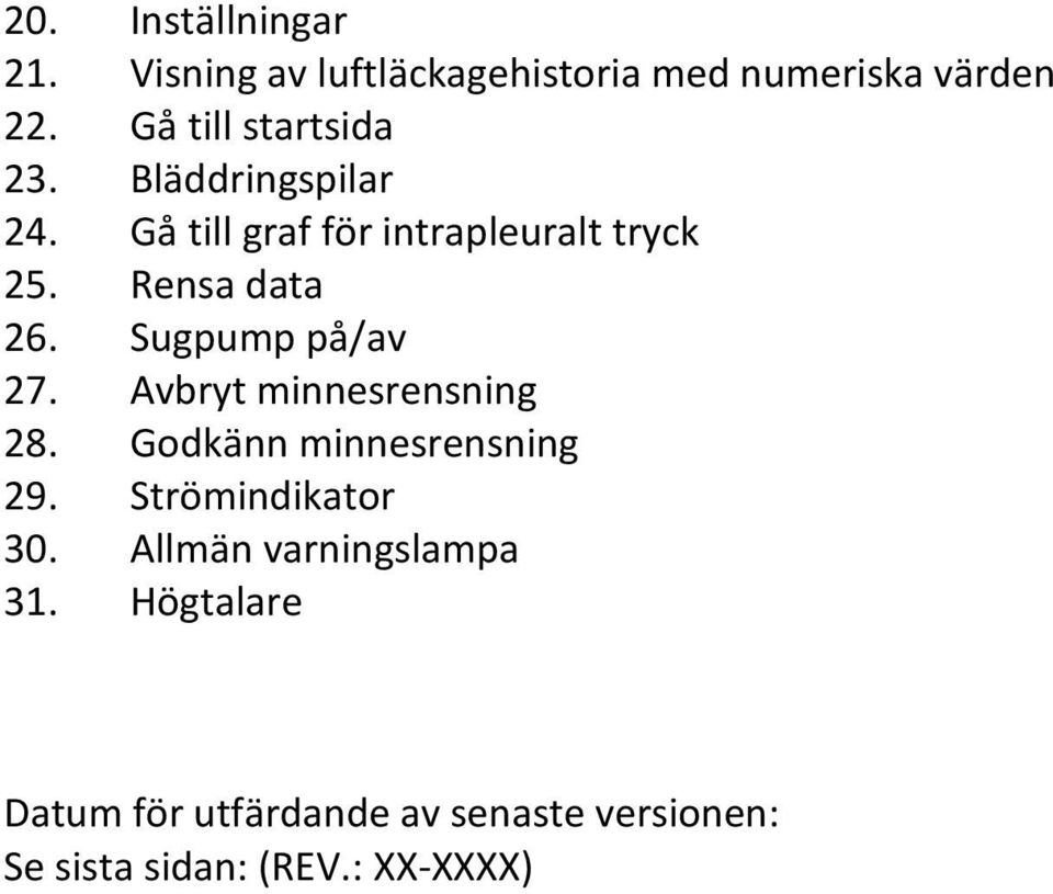 Rensa data 26. Sugpump på/av 27. Avbryt minnesrensning 28. Godkänn minnesrensning 29.