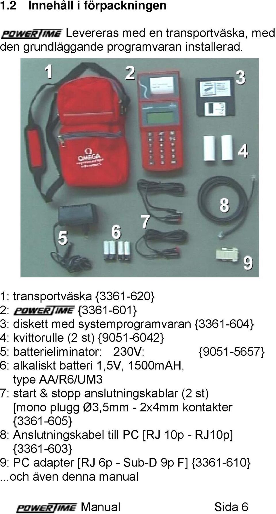 batterieliminator: 230V: {9051-5657} 6: alkaliskt batteri 1,5V, 1500mAH, type AA/R6/UM3 7: start & stopp anslutningskablar (2 st) [mono