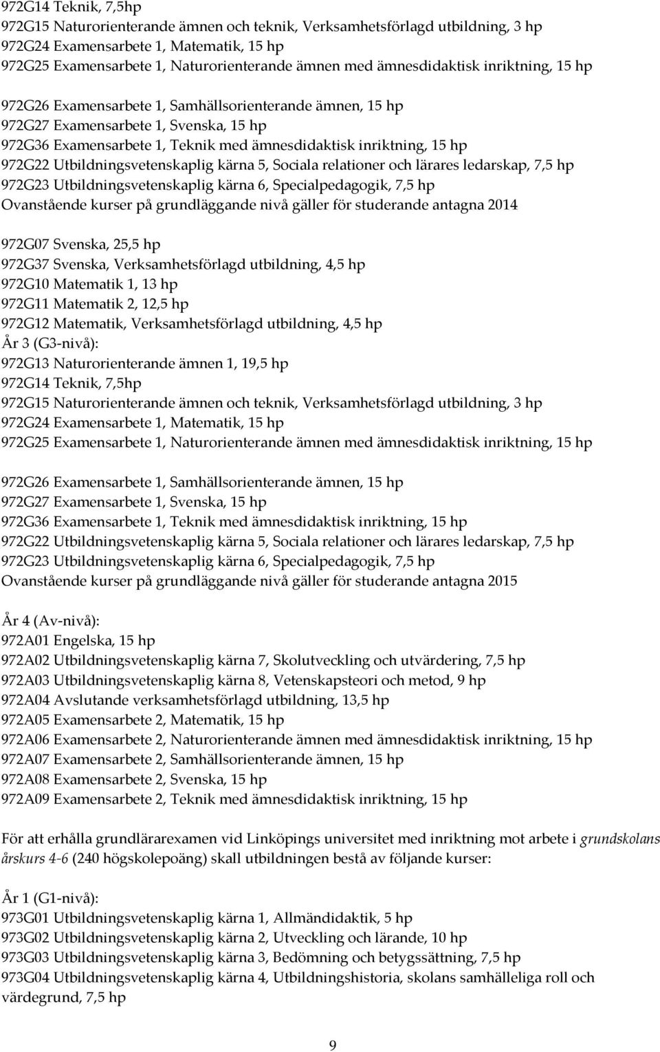 972G22 Utbildningsvetenskaplig kärna 5, Sociala relationer och lärares ledarskap, 7,5 hp 972G23 Utbildningsvetenskaplig kärna 6, Specialpedagogik, 7,5 hp Ovanstående kurser på grundläggande nivå