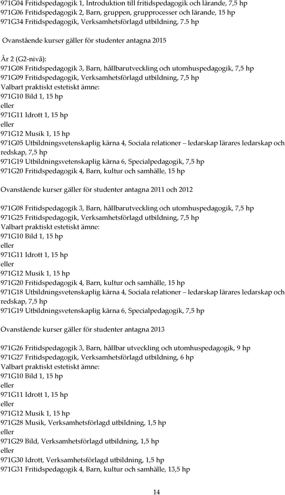 5 hp Ovanstående kurser gäller för studenter antagna 2015 År 2 (G2-nivå): 971G08 Fritidspedagogik 3, Barn, hållbarutveckling och utomhuspedagogik, 7,5 hp 971G09 Fritidspedagogik, Verksamhetsförlagd