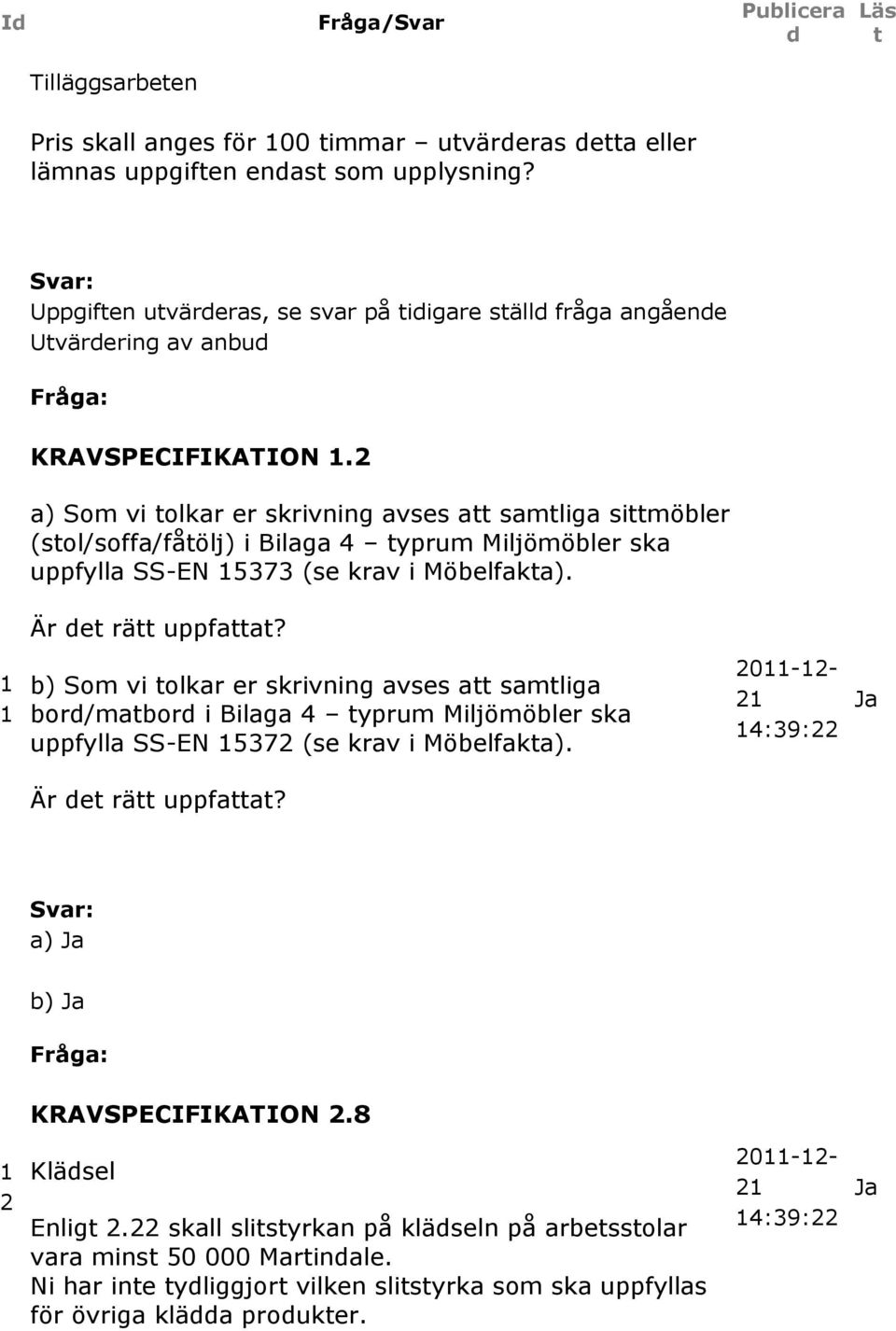 a) Som vi olkar er skrivning avses a samliga simöbler (sol/soffa/fåölj) i Bilaga 4 yprum Miljömöbler ska uppfylla SS-EN 57 (se krav i Möbelfaka). Är e rä uppfaa?