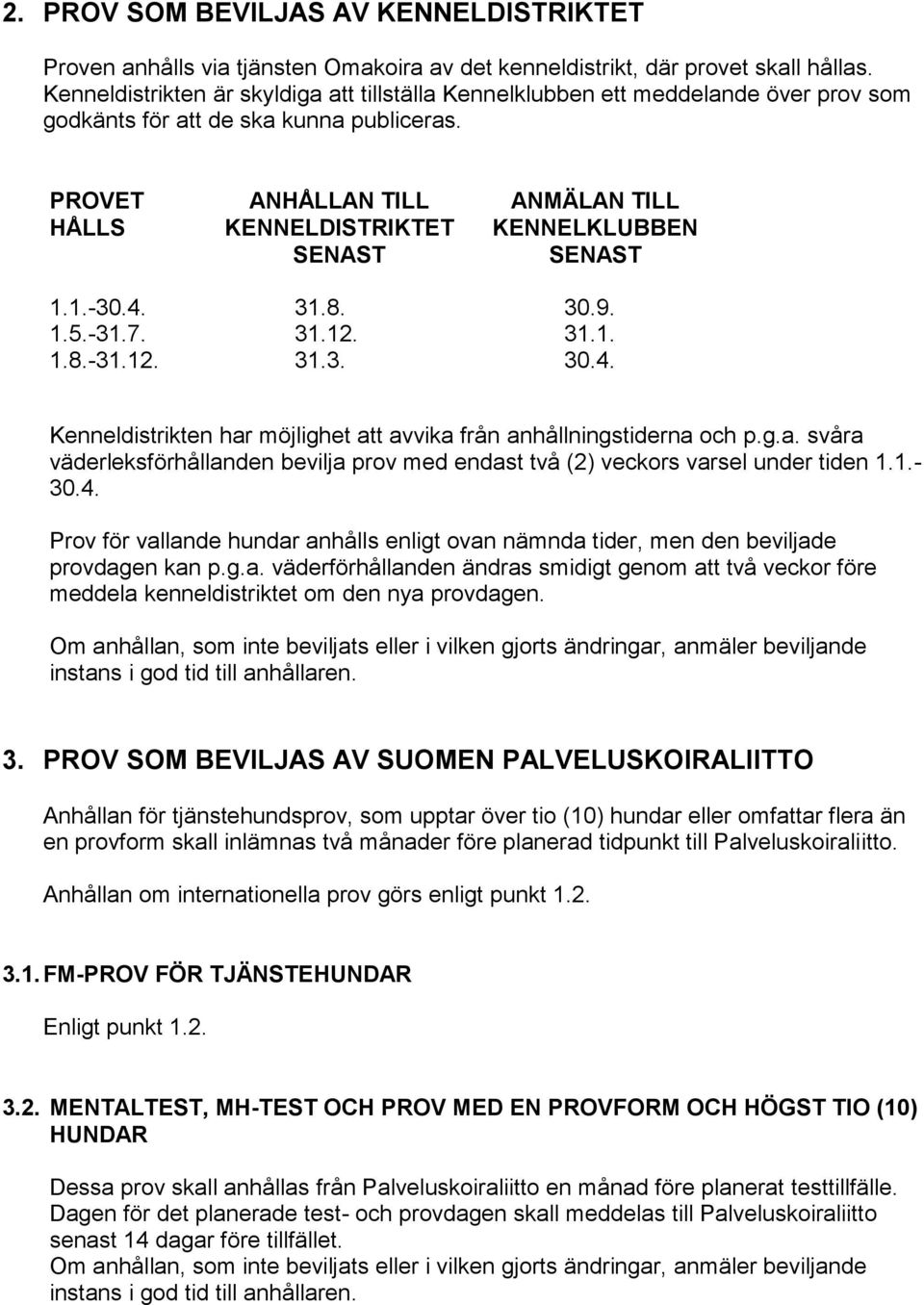 31.12. 31.1. 1.8.-31.12. 31.3. 30.4. Kenneldistrikten har möjlighet att avvika från anhållningstiderna och p.g.a. svåra väderleksförhållanden bevilja prov med endast två (2) veckors varsel under tiden 1.