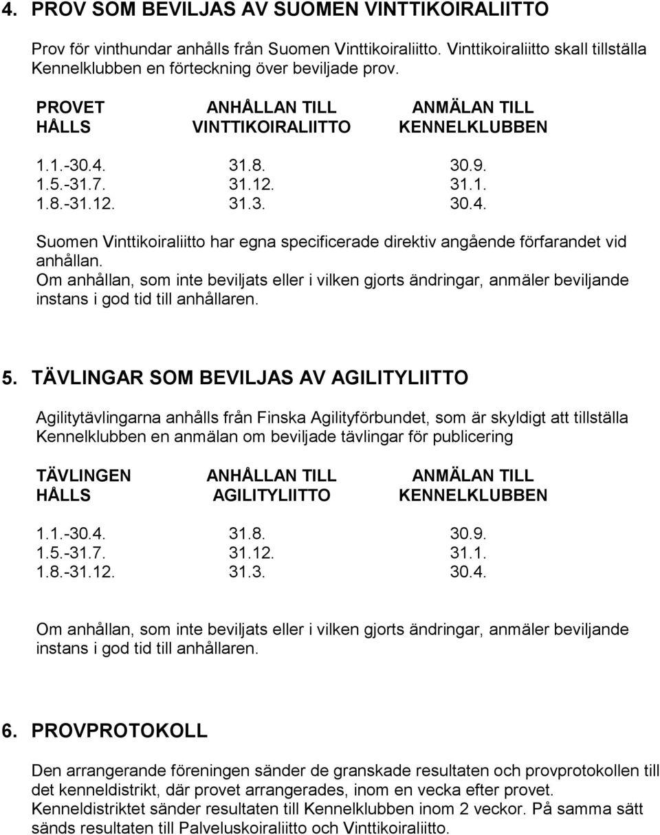 5. TÄVLINGAR SOM BEVILJAS AV AGILITYLIITTO Agilitytävlingarna anhålls från Finska Agilityförbundet, som är skyldigt att tillställa Kennelklubben en anmälan om beviljade tävlingar för publicering