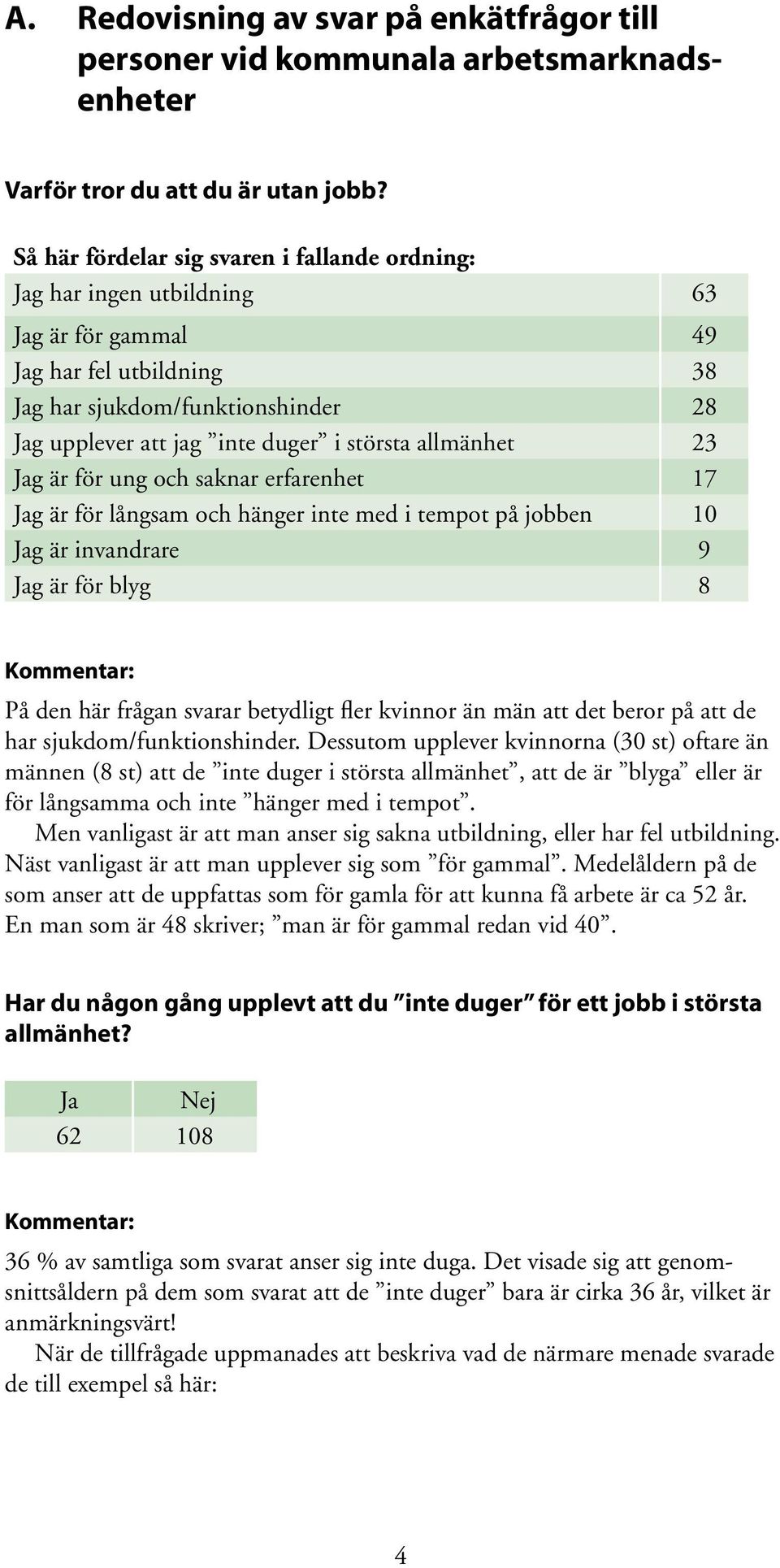 allmänhet 23 Jag är för ung och saknar erfarenhet 17 Jag är för långsam och hänger inte med i tempot på jobben 10 Jag är invandrare 9 Jag är för blyg 8 Kommentar: På den här frågan svarar betydligt