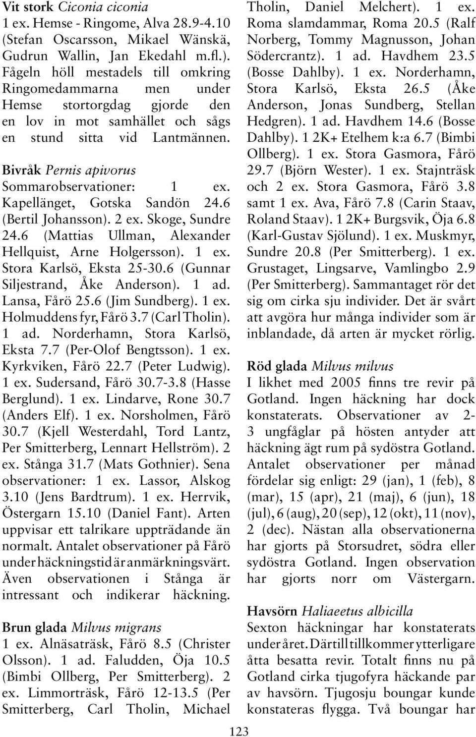 Bivråk Pernis apivorus Sommarobservationer: 1 ex. Kapellänget, Gotska Sandön 24.6 (Bertil Johansson). 2 ex. Skoge, Sundre 24.6 (Mattias Ullman, Alexander Hellquist, Arne Holgersson). 1 ex. Stora Karlsö, Eksta 25-30.