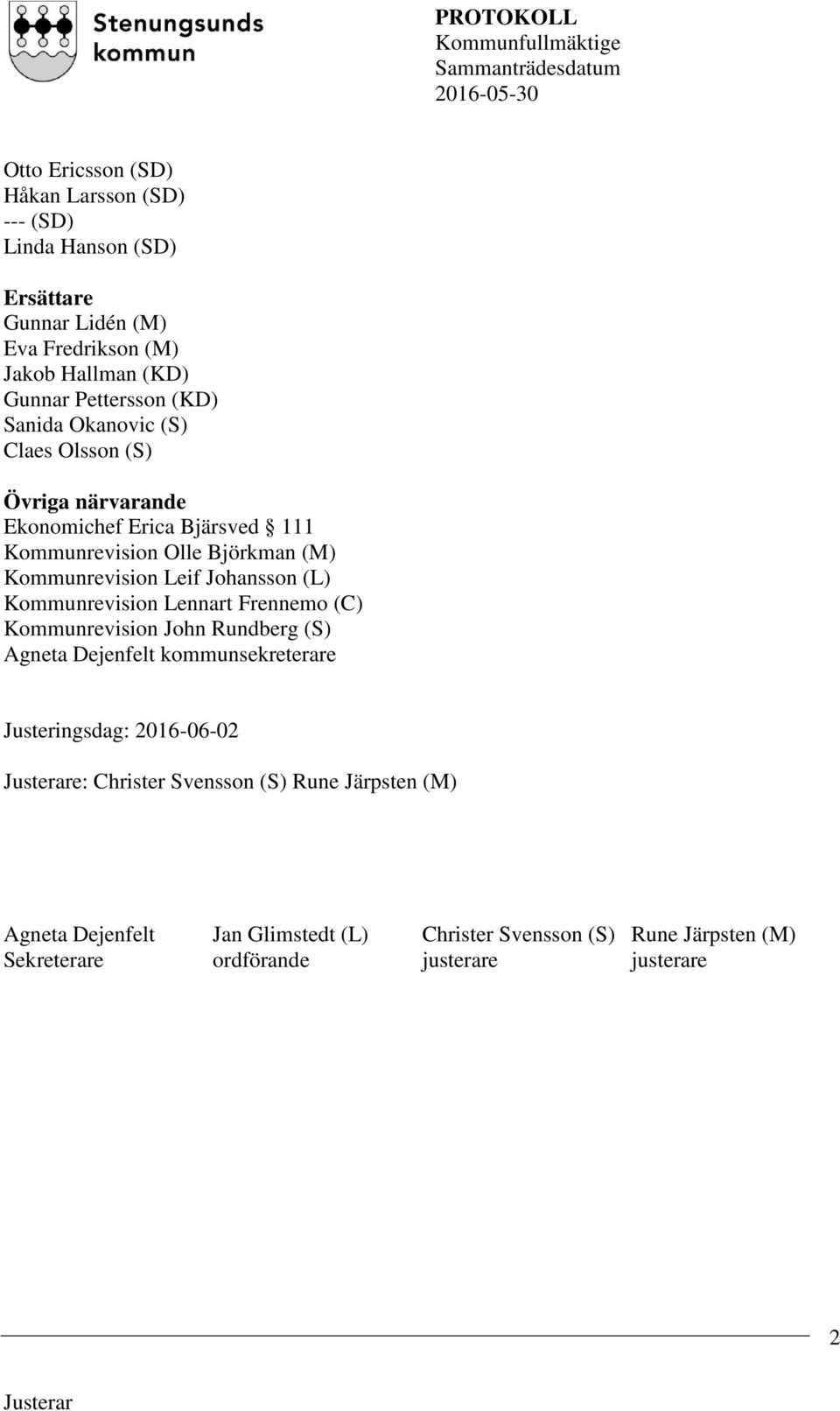 Johansson (L) Kommunrevision Lennart Frennemo (C) Kommunrevision John Rundberg (S) Agneta Dejenfelt kommunsekreterare Justeringsdag: 2016-06-02 e: