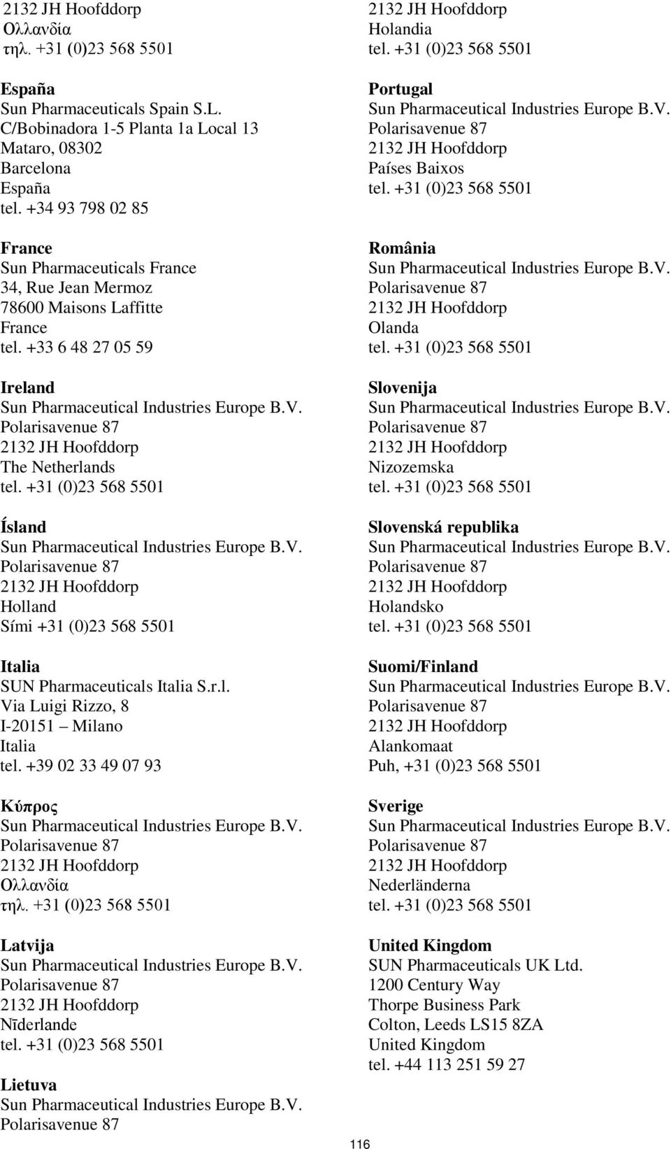 +33 6 48 27 05 59 Ireland The Netherlands Ísland Holland Sími +31 (0)23 568 5501 Italia SUN Pharmaceuticals Italia S.r.l. Via Luigi Rizzo, 8 I-20151 Milano Italia tel.