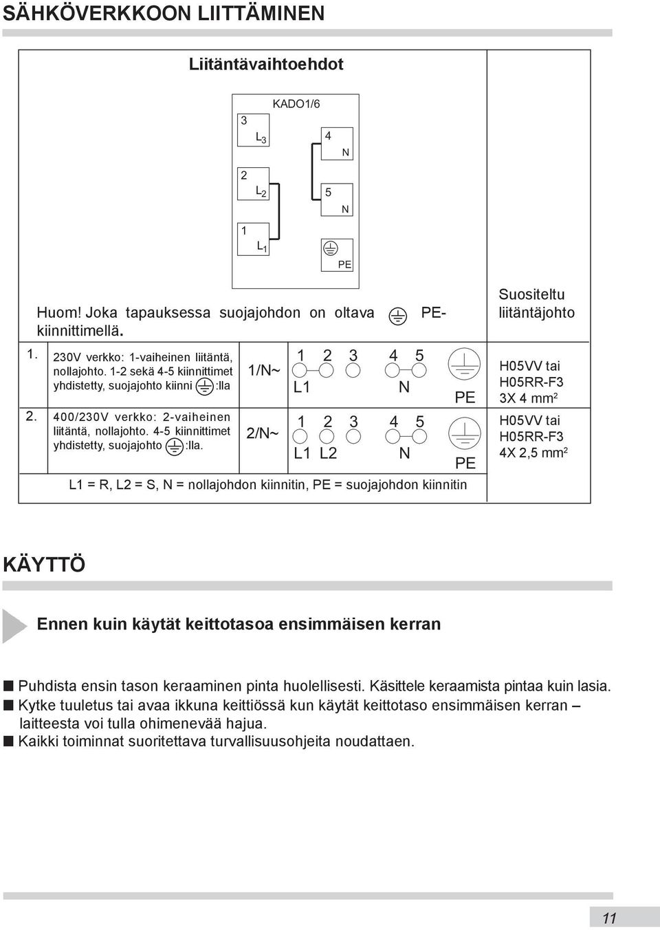 1/N~ 2/N~ L1 = R, L2 = S, N = nollajohdon kiinnitin, PE = suojajohdon kiin ni tin 1 L1 2 3 4 N 5 1 2 3 4 5 L1 L2 N PE PE Suositeltu liitäntäjohto H05VV tai H05RR-F3 3X 4 mm 2 H05VV tai H05RR-F3 4X
