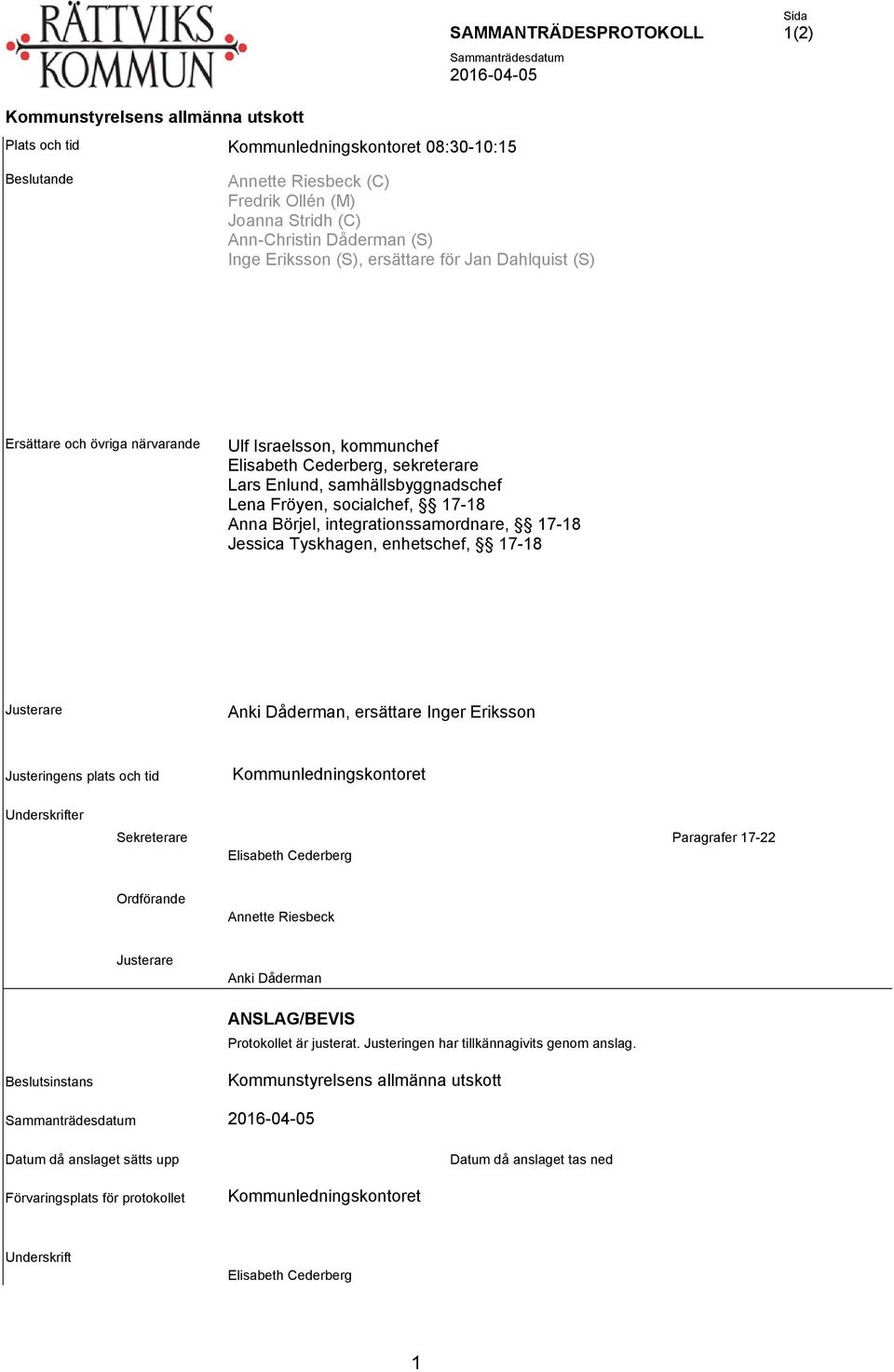 Jessica Tyskhagen, enhetschef, 17-18 Justerare Anki Dåderman, ersättare Inger Eriksson Justeringens plats och tid Kommunledningskontoret Underskrifter Sekreterare Paragrafer 17-22 Elisabeth Cederberg