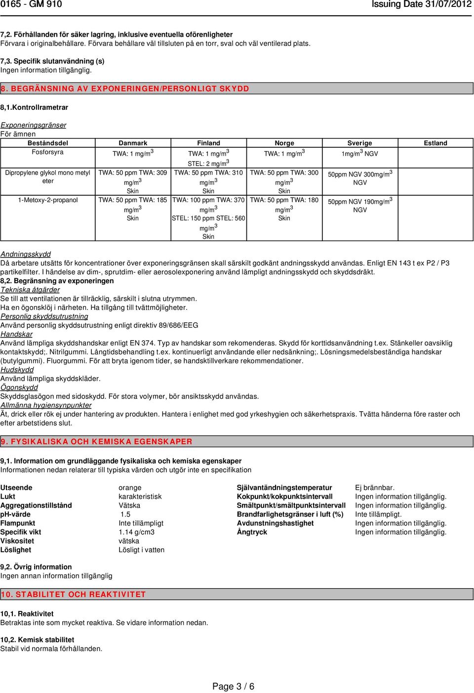 Kontrollrametrar Exponeringsgränser För ämnen Beståndsdel Danmark Finland Norge Sverige Estland Fosforsyra TWA: 1 TWA: 1 STEL: 2 3 TWA: 1 mg/m 1 NGV Dipropylene glykol mono metyl eter TWA: 50 ppm