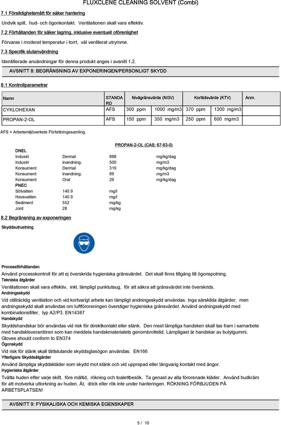 1 Kontrollparametrar Namn CYKLOHEXAN PROPAN-2-OL STANDA RD Nivågränsvärde (NGV) Korttidsvärde (KTV) AFS 300 ppm 1000 mg/m3 370 ppm 1300 mg/m3 AFS 150 ppm 350 mg/m3 250 ppm 600 mg/m3 Anm.