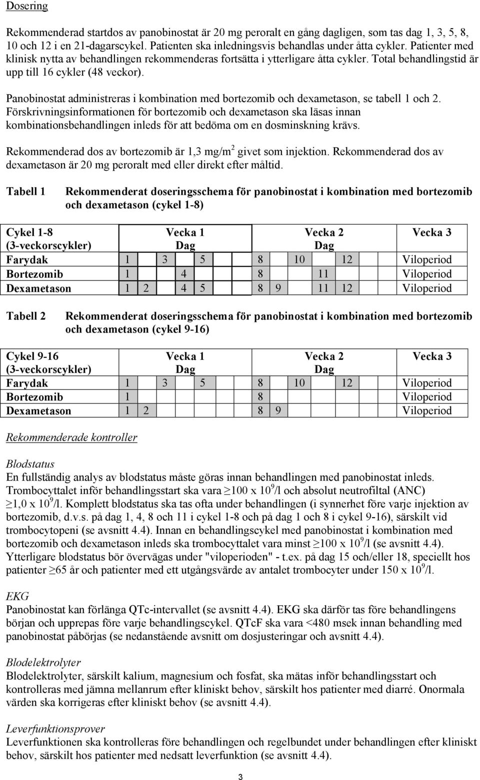 Panobinostat administreras i kombination med bortezomib och dexametason, se tabell 1 och 2.