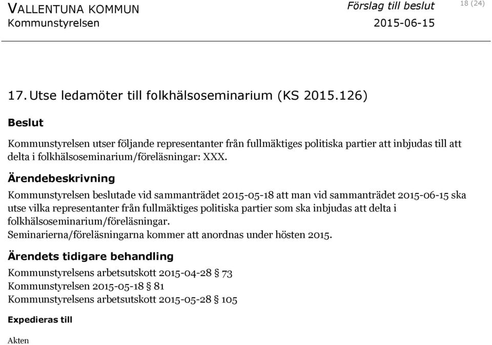 Kommunstyrelsen beslutade vid sammanträdet 2015-05-18 att man vid sammanträdet 2015-06-15 ska utse vilka representanter från fullmäktiges politiska partier