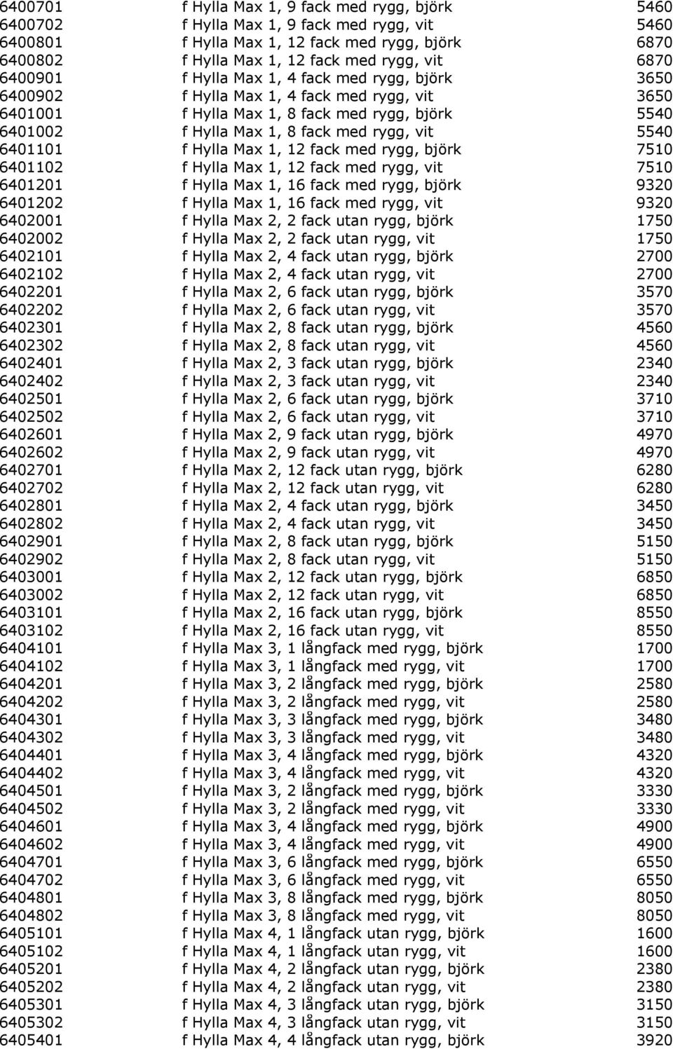 5540 6401101 f Hylla Max 1, 12 fack med rygg, björk 7510 6401102 f Hylla Max 1, 12 fack med rygg, vit 7510 6401201 f Hylla Max 1, 16 fack med rygg, björk 9320 6401202 f Hylla Max 1, 16 fack med rygg,