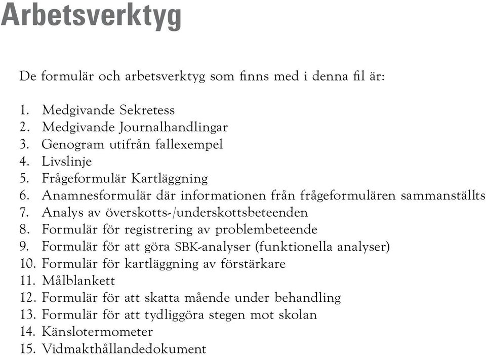 Analys av överskotts-/underskottsbeteenden 8. Formulär för registrering av problembeteende 9. Formulär för att göra SBK-analyser (funktionella analyser) 10.