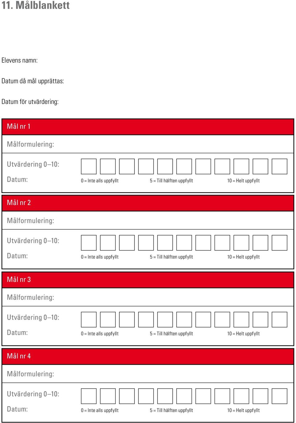 Till hälften uppfyllt 10 = Helt uppfyllt Mål nr 3 Målformulering: Utvärdering 0 10: Datum: 0 = Inte alls uppfyllt 5 = Till hälften