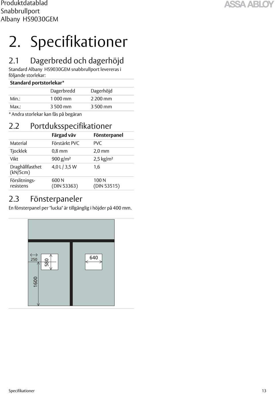 på begäran 2.2 Portduksspecifikationer 2.3 Fönsterpaneler Dagerhöjd Min.: 1 000 mm 2 200 mm Max.