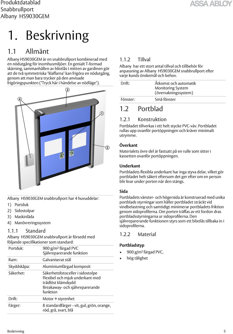 frigöringspunkten ("Tryck här i händelse av nödläge"). 1.1.2 Tillval Albany har ett stort antal tillval och tillbehör för anpassning av snabbrullport efter varje kunds önskemål och behov.