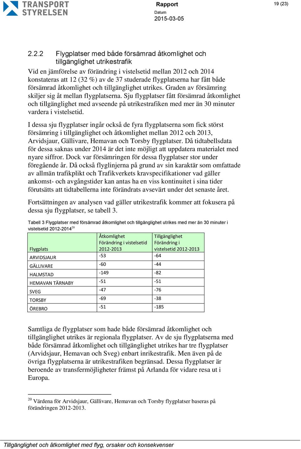 flygplatserna har fått både försämrad åtkomlighet och tillgänglighet utrikes. Graden av försämring skiljer sig åt mellan flygplatserna.