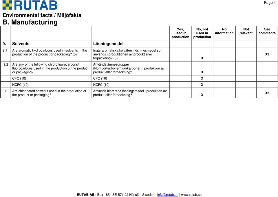 (5) Ingår aromatiska kolväten i lösningsmedel som används i produktionen av produkt eller förpackning? (5) 3 9.