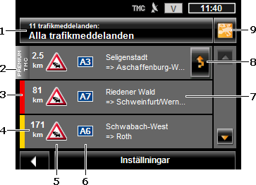 Klicka i NAVIGATION på Alternativ > Trafik. TRAFIKMEDDELANDEN öppnas. Du kan bläddra i listan med (Upp) resp (Ned). Klicka på (Tillbaka) för att stänga TRAFIKMEDDELANDEN igen.