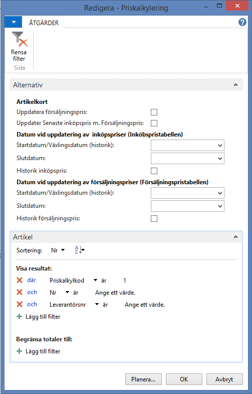 Priskalkylering med en Priskalkyleringsprofil Under Avdelningar Lager Reservdelar Periodiska aktiviteter