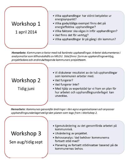 Workshop-serie: Energieffektivisering genom upphandling 3 Workshops Stöd och erfarenhetsutbyte Vid tre tillfällen, kommer 2-5 personer från kommunen, i