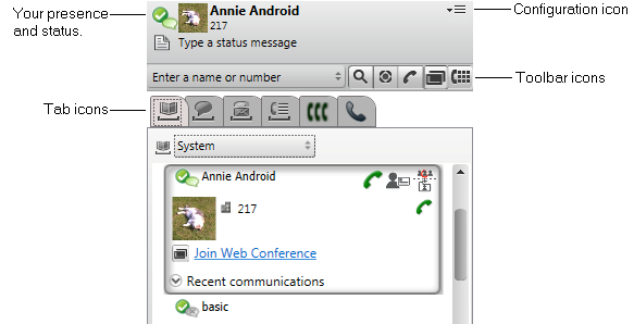 Microsoft Outlook insticksprogram: Logga in 13.3 Avaya IP Office Plug-in-skärm Följande avsnitt ger en snabb överblick över insticksprogrammets fönster.