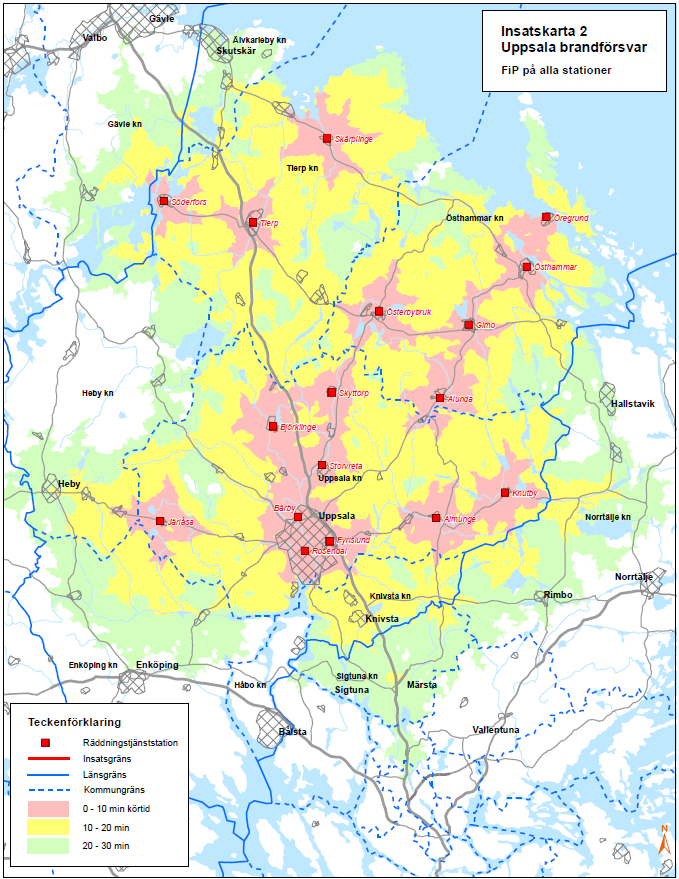 Figur 9.2.1.2 Insatstider i Uppsala brandförsvars geografiska område då första insatspersoner, FiP, är infört på samtliga RiB-stationer.