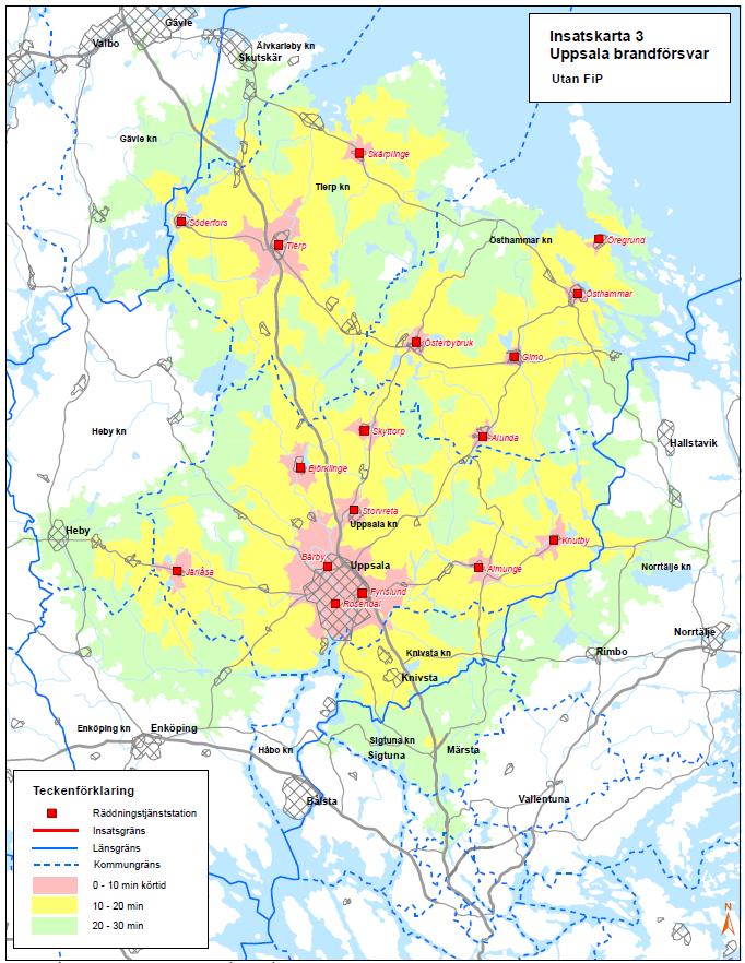 Figur 9.2.1.3 Insatstider i Uppsala brandförsvars geografiska område med dagens organisation. Figuren visar tiderna till dess att hela styrkor är på plats.