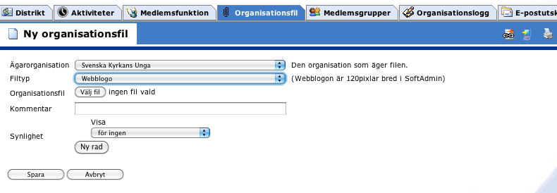 5 ORGANISATIONSFIL Under fliken Organisationsfil kan lokalavdelningen lägga upp filer av olika slag (även distriktet och förbundet kan lägga dit filer som hör till lokalavdelningen).