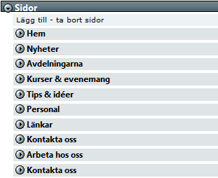 WEBZOO BACKOFFICE MANUAL 9 Navigation Lägg till ta bort sidor I Backoffice navigationen kan ni klicka på de olika länkarna för att fälla ut sidor.