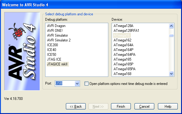 Debug platform: Vi väljer: AVR Simulator och ATmega16 som debug platform, den här inställningen kan ändras vid ett senare tillfälle om man behöver använda sig av en debugger.