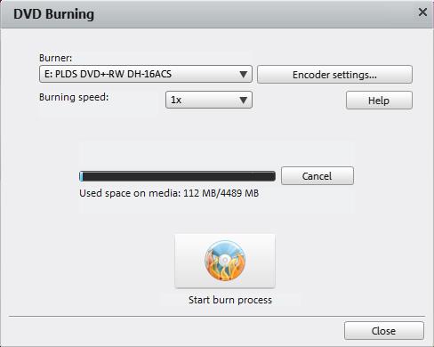 17. Sätt i datorns DVD-station det lagringsmedium du valt, t.ex en tom DVD-skiva 18. På dataskärmen öppnas ett DVD burningfönster, klicka på Start burn process.