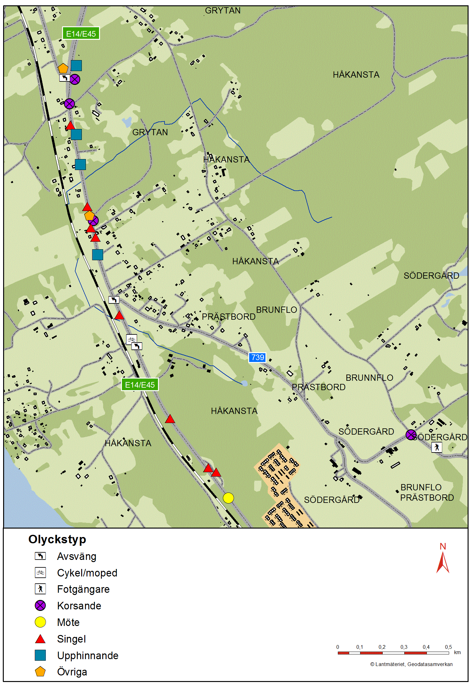 Inom den norra delen av utredningsområdet inträffade 24 olyckor (2004-2013) varav en dödsolycka, fyra svåra olyckor och 22 lindriga olyckor.