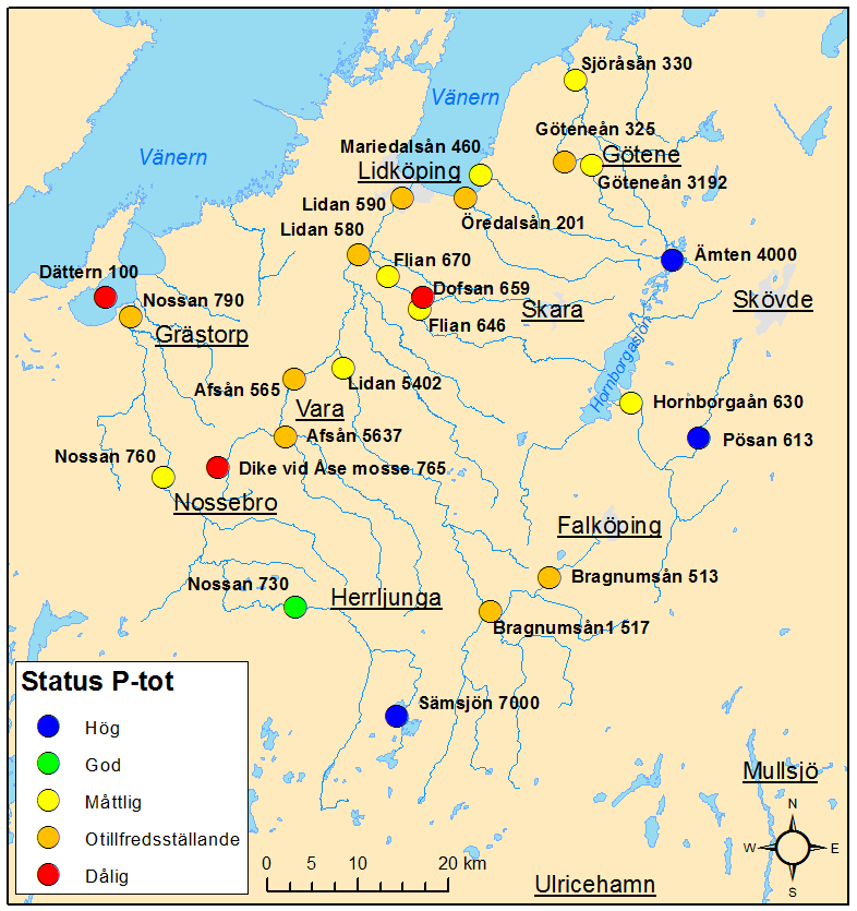 Figur 6. Statusklassning med avseende på totalfosforhalter vid stationerna i Vänerns sydöstra tillflöden 2010-2012. Tabell 2.
