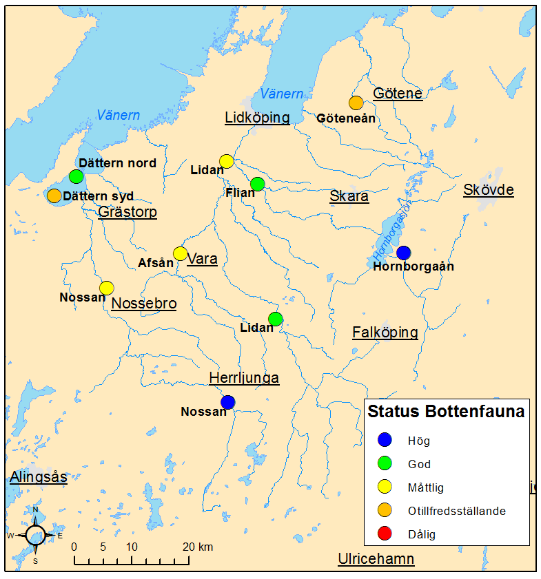 Vid stationerna i Lidan (528) och Flian (670) bedömdes statusen som god med avseende på eutrofiering (Figur 12 och Tabell 5). I Lidan vid Kvarnö (528) noterades ett högt artantal.